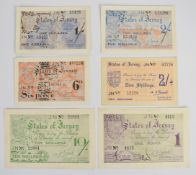 Six States of Jersey undated (1941-42) WW2 German occupation banknotes including 6d, 1 Shilling,