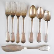 Georgian and later hallmarked silver fiddle pattern cutlery comprising four dessert forks, three