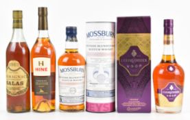 Four bottles of mixed spirits comprising Hine Champagne Cognac 40% vol, Courvoisier VSOP Cognac 40%,