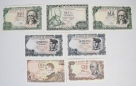 Seven Spain 1965-71 banknotes including 1000 Pesetas (1965 and 1971) and two 1971 500 Pesetas