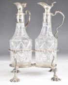 Georgian hallmarked silver and cut glass two bottle cruet, the stand with gadrooned edge and