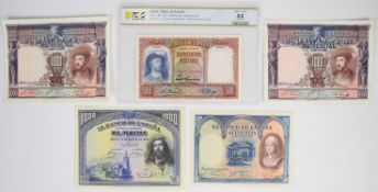 Five Spain 1925-31 500, 1000 Peseta banknotes including 1931 500 Pesetas PMG graded 55 'About
