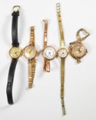 Five 9ct gold ladies wristwatches including Benrus on black leather strap, Sekonda and three