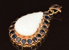 A 14k rose gold pendant set with a pear cut opal cabochon surrounded by round cut sapphires, 6.5g,