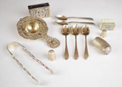 Hallmarked silver items comprising Georgian sugar tongs, five tea or coffee spoons, walking stick