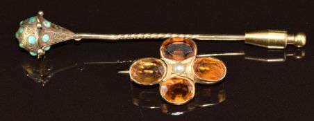 Victorian stick pin set with turquoise (2.6g) and a Victorian yellow metal brooch set with citrine