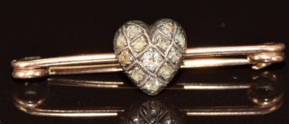 Victorian brooch set with an old cut and rose cut diamonds in a heart shaped setting, 2.9g, 3.8cm