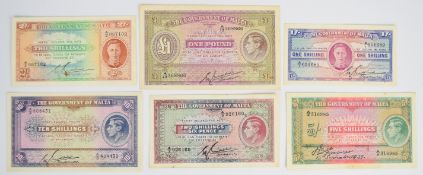 Six Malta 1939-43 banknotes including a 1939 5 Shillings, undated (1940-43) 1, 2, 2½ and 10