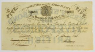 States of Jersey 1840 £5 Sterling banknote, pen cancelled by strikethrough