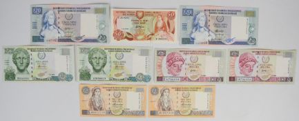 Nine Cyprus pre-Euro banknotes including final-issue £5, £10 and £20
