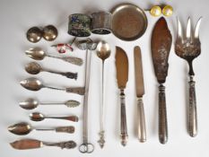 Overseas silver to include French silver handled fish servers, Chinese enamel napkin ring, Singapore