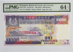 Singpore undated (1984) 'Ships' series $1000 banknote signed Hu Tsu Tau, PMG graded 64 'Choice