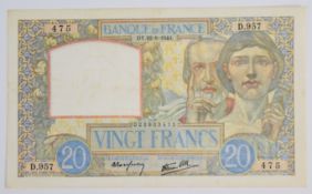 France 1940 'Science and Labour' 20 Francs banknote