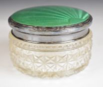 Art Deco hallmarked silver and green guilloché enamel topped cut glass dressing table pot,