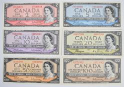Six Canada 1954 issue banknotes including $2, $5, $10, $20, $50 and $100, all signed Beattie/