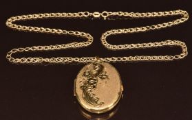 A 9ct gold locket with engraved floral decoration (3.8 x 2.6cm)  and chain, 9g