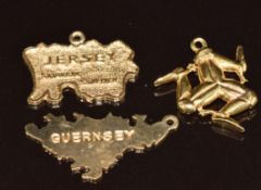 Three 9ct gold charms including 'Guernsey', 'Jersey', and Isle of Man symbol, 6.9g