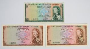 Three Malta 1963 10 Shillings and £1 banknotes signed R. Soler