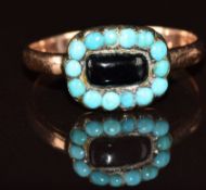 Victorian 9ct rose gold ring set with onyx and turquoise, 2g, size O