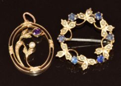 Edwardian 9ct gold brooch set with seed pearls and paste and a 9ct gold pendant set with an
