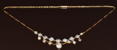 Edwardian 9ct gold necklace set with moonstones, 4.4g, 42cm