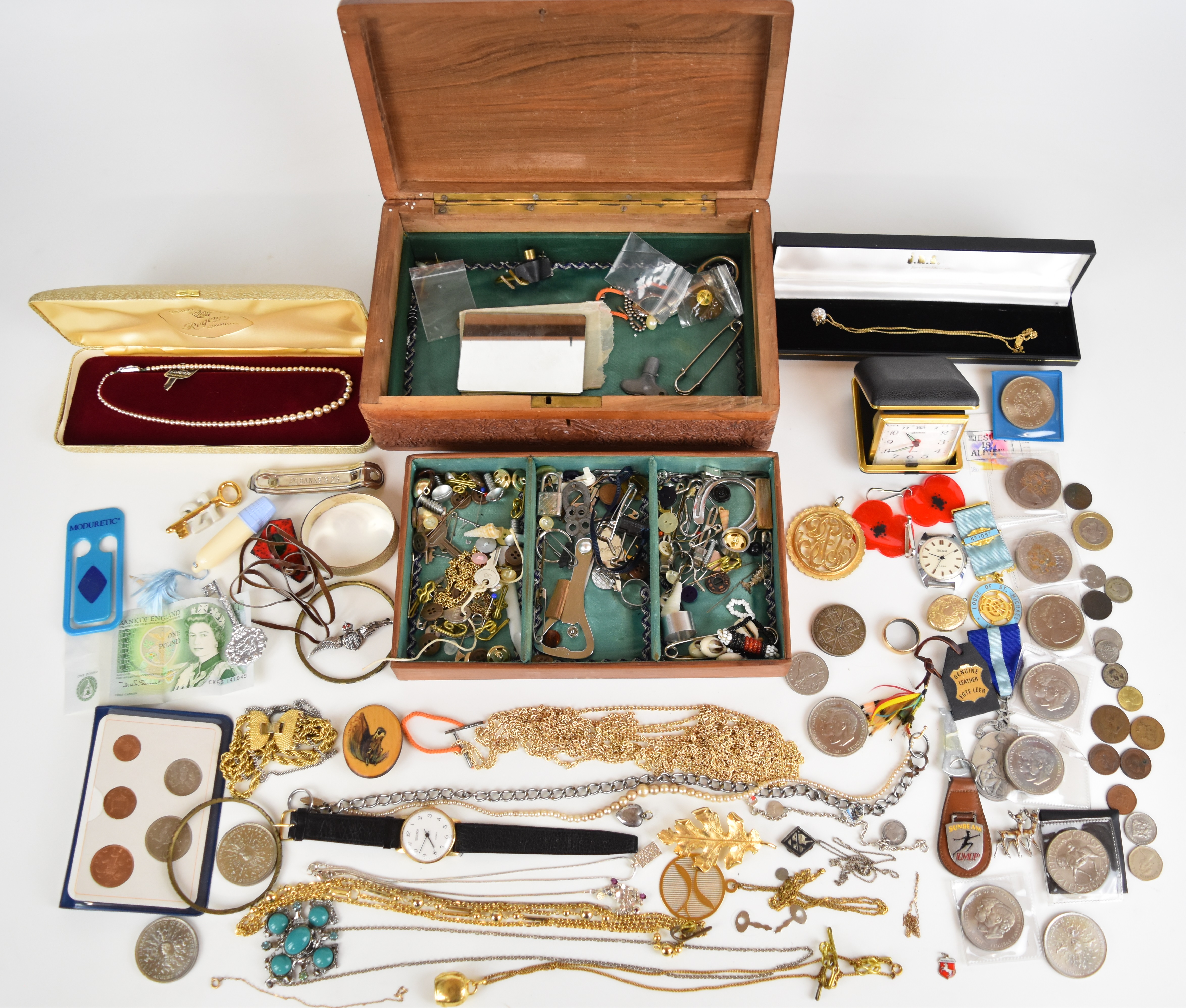A collection of costume jewellery including Victorian locket, silver items including RAF brooch,
