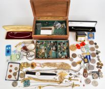 A collection of costume jewellery including Victorian locket, silver items including RAF brooch,