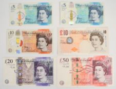 Six Bank of England V. Cleland banknotes including all denominations from £5 to £50
