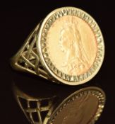 A 9ct gold ring set with a 1891 gold full sovereign with Melbourne mint mark, 14.2g, size 2