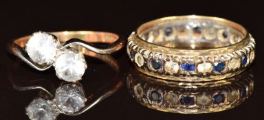 A 9ct gold eternity ring set with spinel and quartz and a 9ct gold ring set with quartz, 4.9g,
