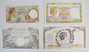 Four France 1939-40 issue banknotes including 1941 5000 Francs