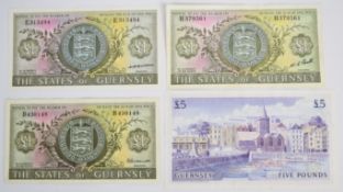 Four Guernsey 1969/1975 ND issue banknotes comprising £5 signed W.C. Bull and three £1 notes with