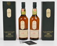 Two bottles of Lagavulin 16 year old Single Islay Malt Scotch Whisky, 43% vol, 70cl, both in