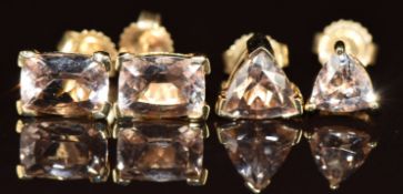 Two pairs of 9k gold earrings set with morganite, one pair trilliant cut and the other cushion