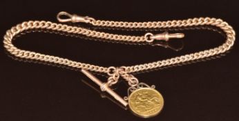 A 9ct gold double Albert / watch chain with graduated links and T-bar (26g, 36cm) mounted with a