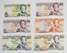 Five Jersey 2000 issue banknotes including £1, £5, £10, £20 and £50, all signed by Ian Black, the £