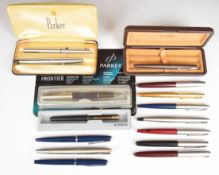 Fifteen Parker fountain pens including Frontier, some in original boxes.