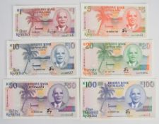 Six Malawi 1992-94 banknotes including 1, 5, 10,20, 50 and 100 Kwacha