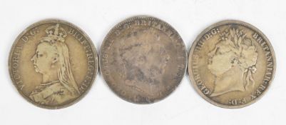 Three English crowns comprising 1820 George III, 1821 George IIII and an 1892 Jubilee Queen Victoria