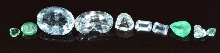 Five loose aquamarines comprising two oval cut, two emerald cut and one pear cut (totalling