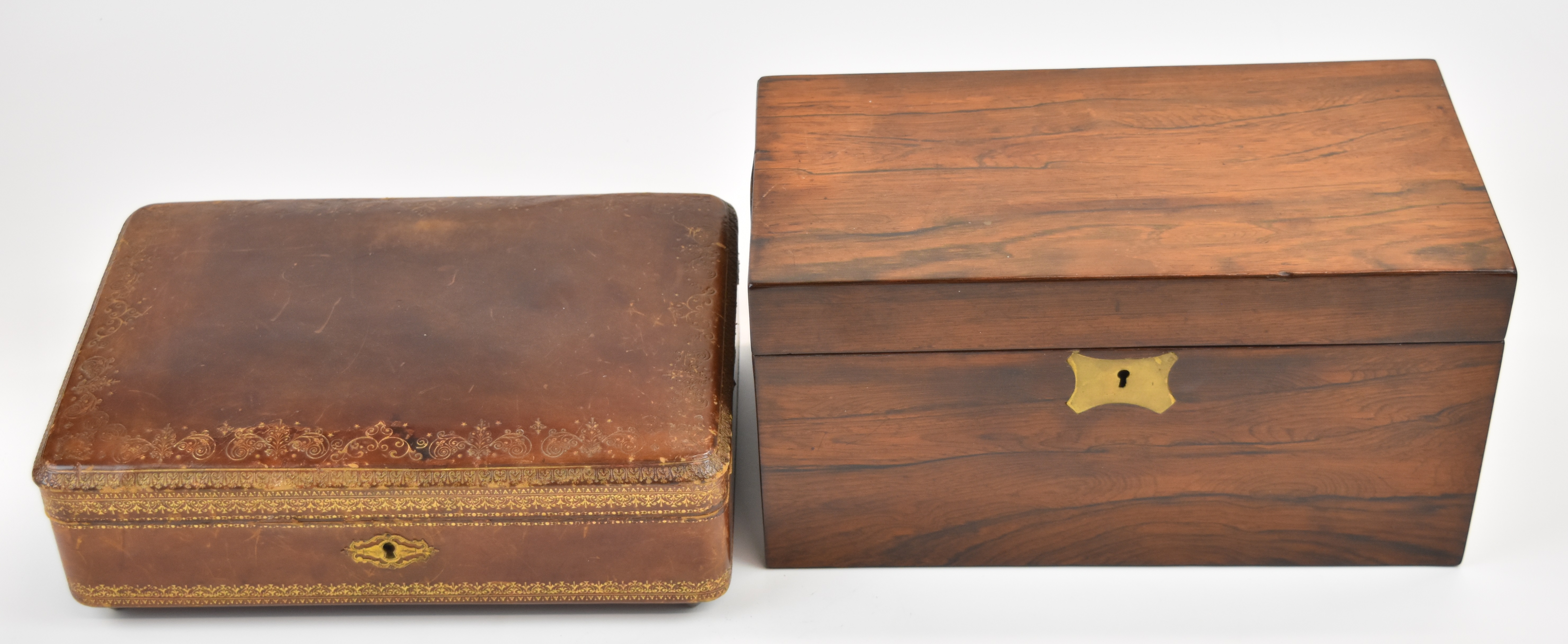 A tooled leather jewellery box and a wooden box with key - Image 2 of 7
