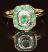 A 9ct gold ring set with emeralds and diamonds, 2.5g, size O (one emerald missing)