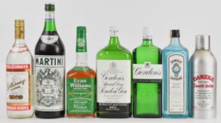 Seven bottles of mixed spirits to include Stolichnaya Russian Vodka 40% vol, Gordons Special Dry