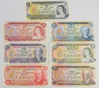 Seven Canada 1971-79 banknotes comprising $1, $2, $5, $10, $20, $50 and $100, the $100 note dated