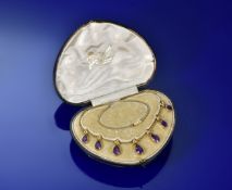 Edwardian 9ct gold necklace set with seven pear cut amethysts in original box, 10g, 36cm