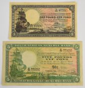 Two South Africa 1940s banknotes comprising a 1947 £5 and a 1940 £1 note