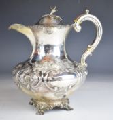 Victorian hallmarked silver hot water jug with embossed floral decoration, gadrooned edge, ivory