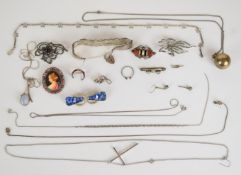 Silver gate bracelet, two silver brooches set with marcasite, gilt brooch set with turquoise and