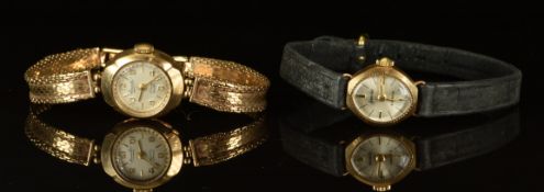 Two 9ct gold ladies wristwatches, Everite with gold hands and Arabic numerals, silver dial and 17