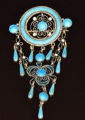 Norwegian silver brooch set with turquoise enamel by Marius Hammer, 11.4g, 8.5cm